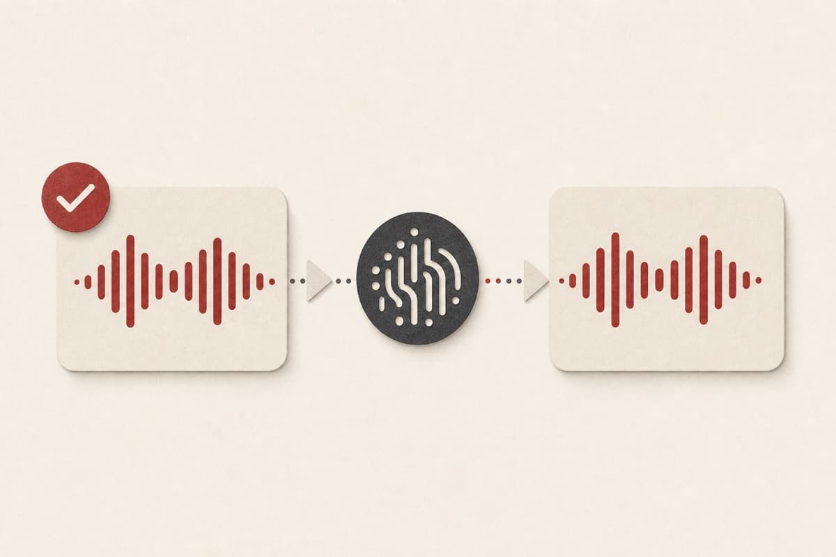 Authorized voice sample becoming a synthetic waveform beside a waitlist card.
