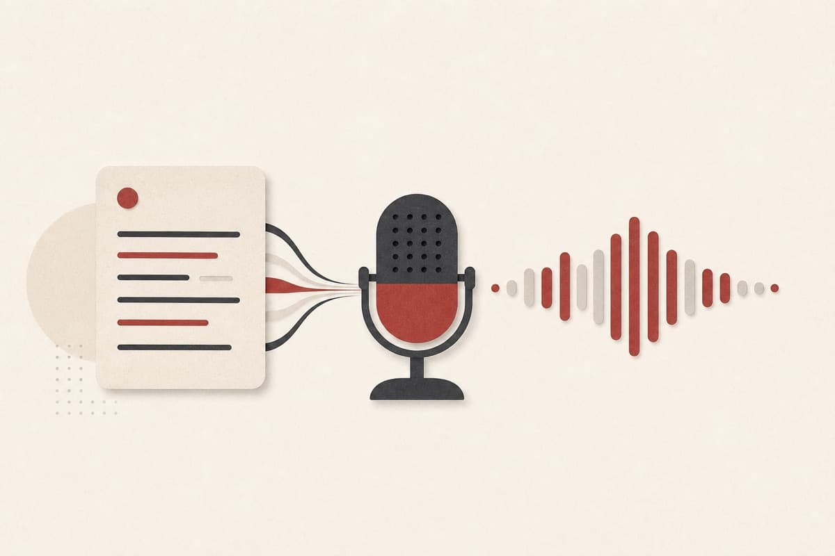 A text card becoming a private synthetic narration waveform.