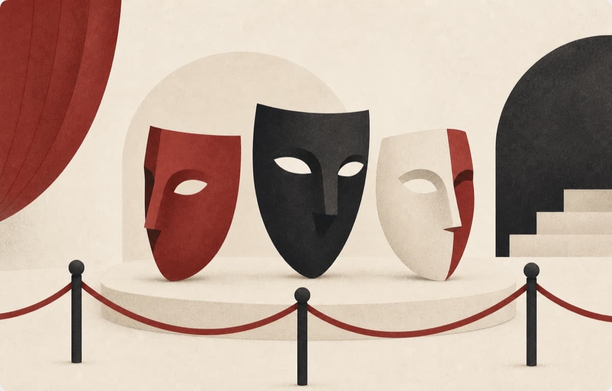 Characters illustration showing three abstract theater masks on a roped-off stage.