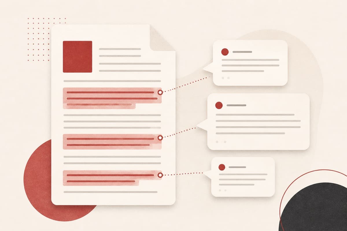 ChatPDF illustration showing speech bubbles anchored to highlighted passages on a document.