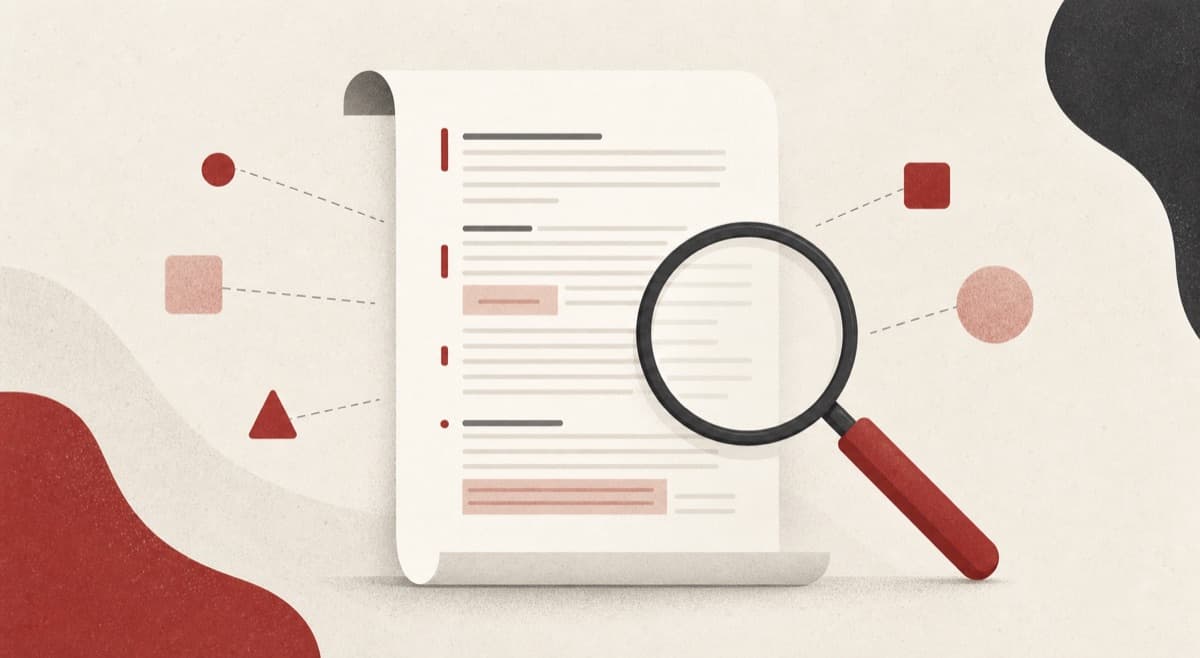 Contract Reviewer illustration showing a long agreement page with margin markers and a magnifying glass.
