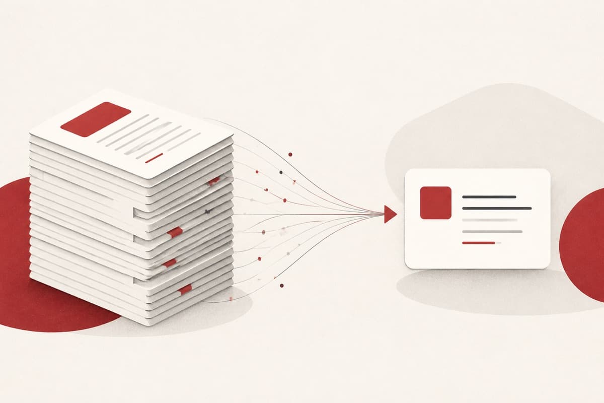 PDF Summarizer illustration showing a thick stack of pages condensing into a small card.