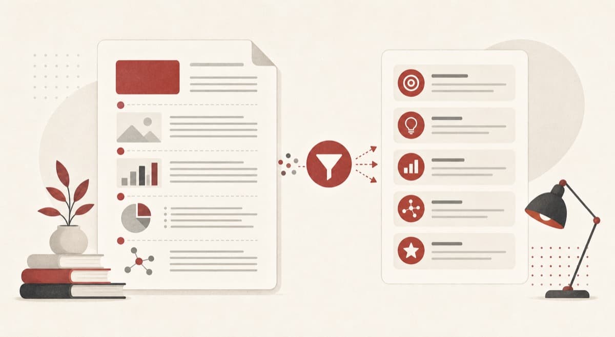 Research Paper Summarizer illustration showing an academic paper organized into neat section blocks.