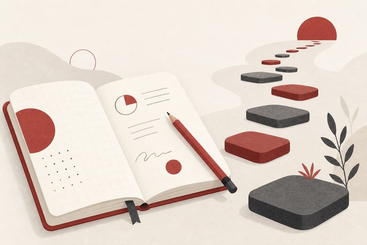 Homework Solver illustration showing an open notebook, pencil, and stepping-stone path.