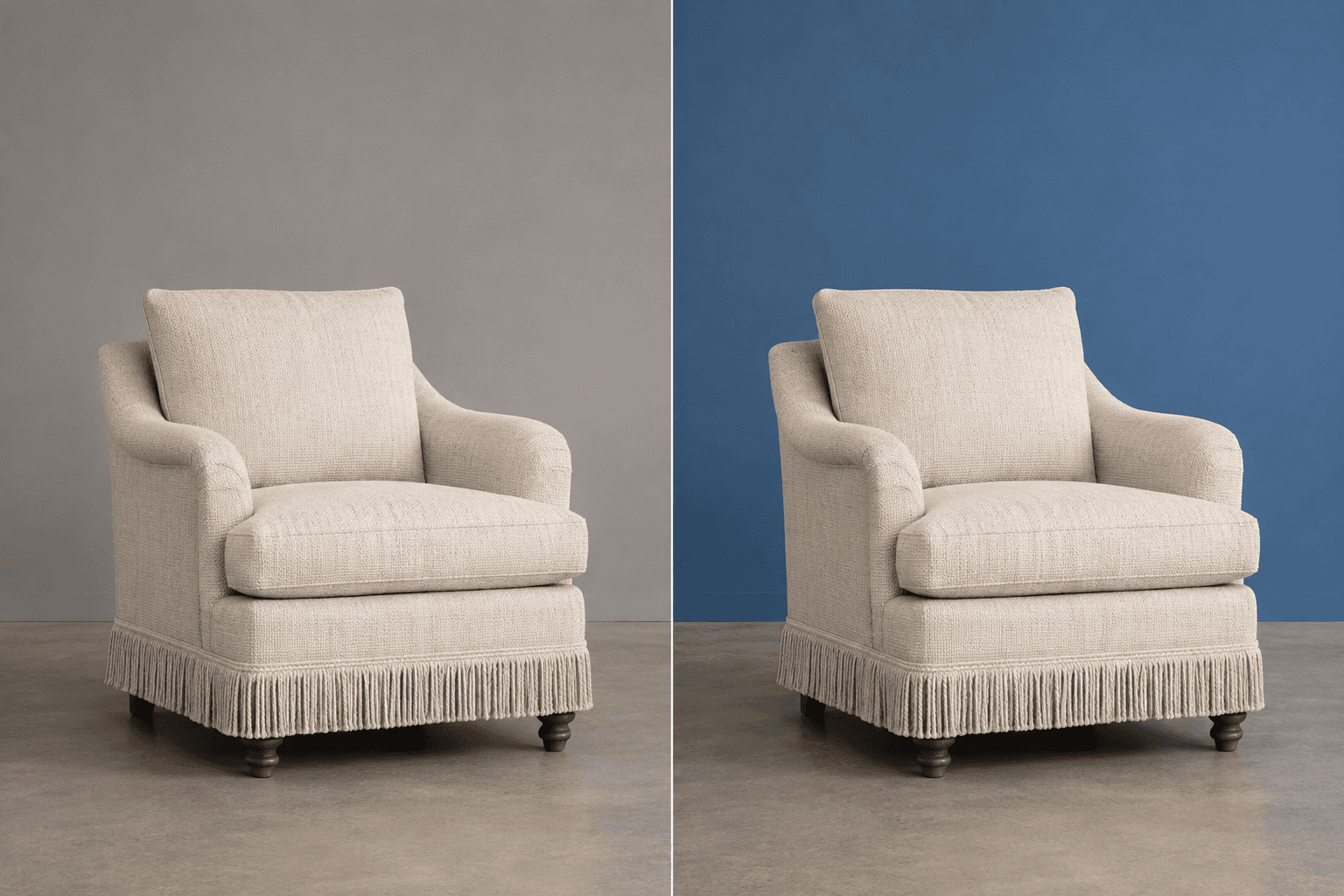 Illustrative before-and-after example of the same fringed fabric chair with its opaque wall background changed from neutral to blue.