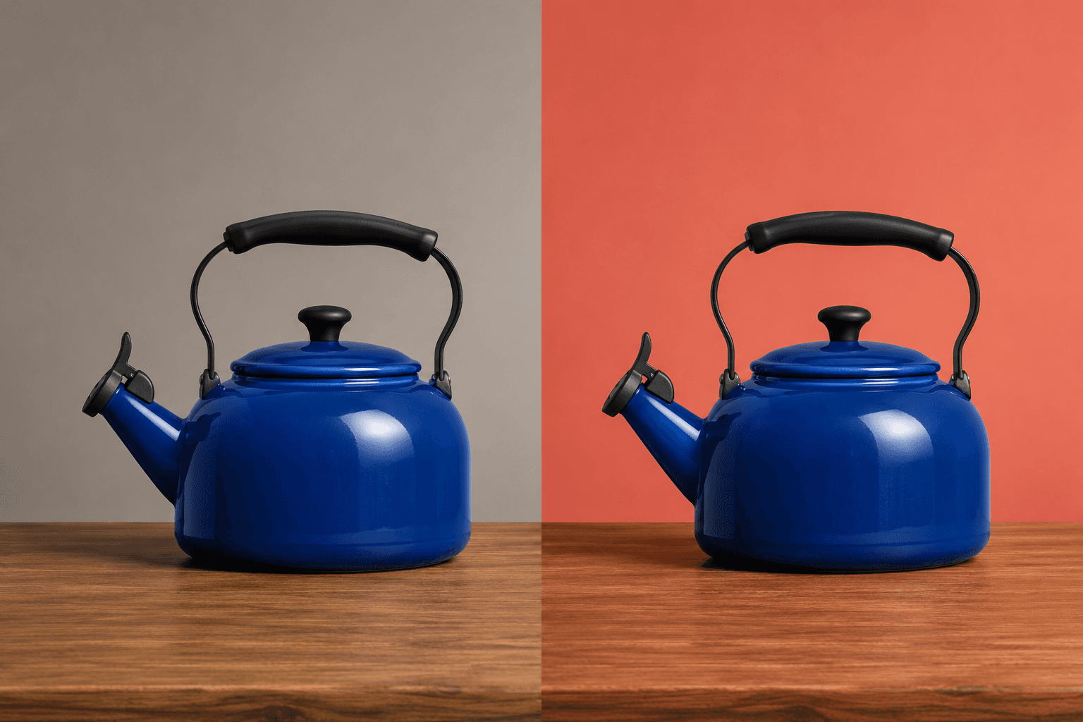 Illustrative before-and-after of the same cobalt kettle on two opaque background colors.