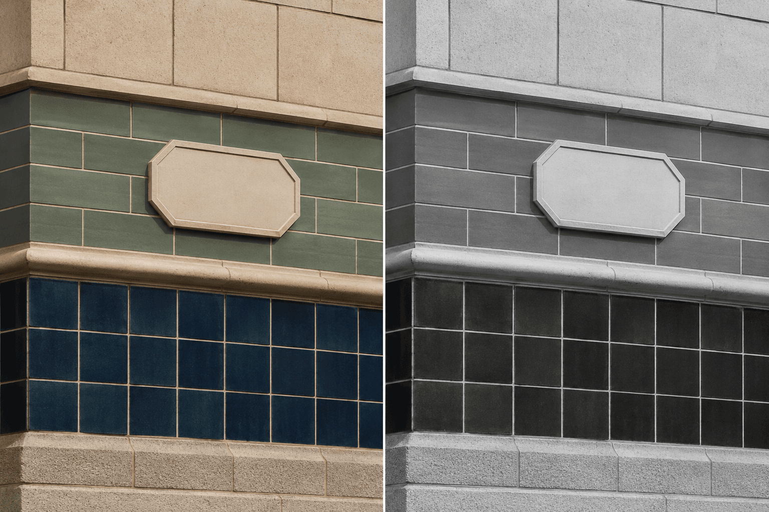 Illustrative before-and-after example of the same tiled architectural detail in color and balanced black and white with its straight lines preserved.