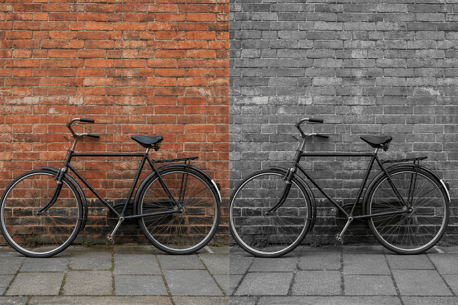 Illustrative bicycle scene shown in color and balanced black and white.