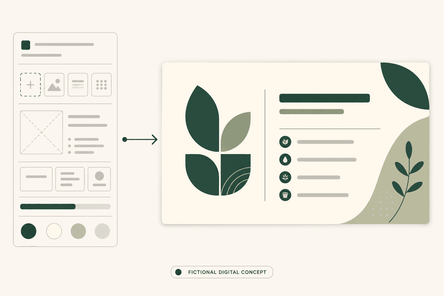 Illustrative prompt-to-output example showing an abstract creative brief beside a fictional digital business-card concept with non-resolving identity blocks.