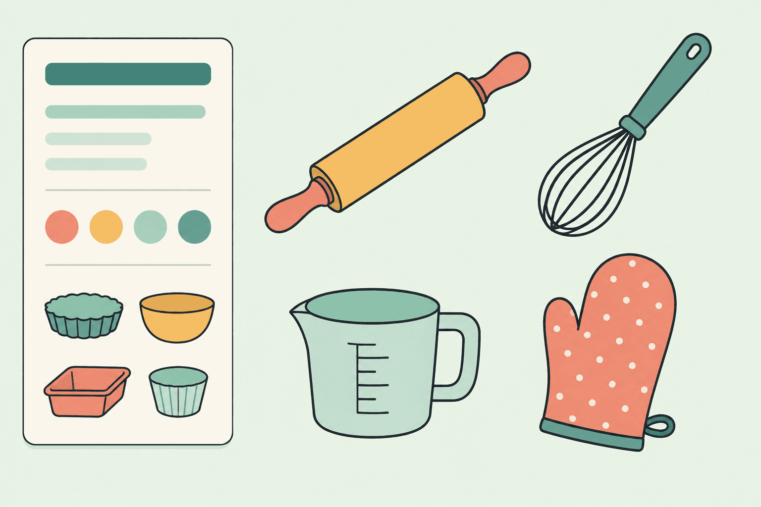 Illustrative prompt-to-output example showing a brief panel beside four original baking-tool raster clipart objects on an opaque pale background.