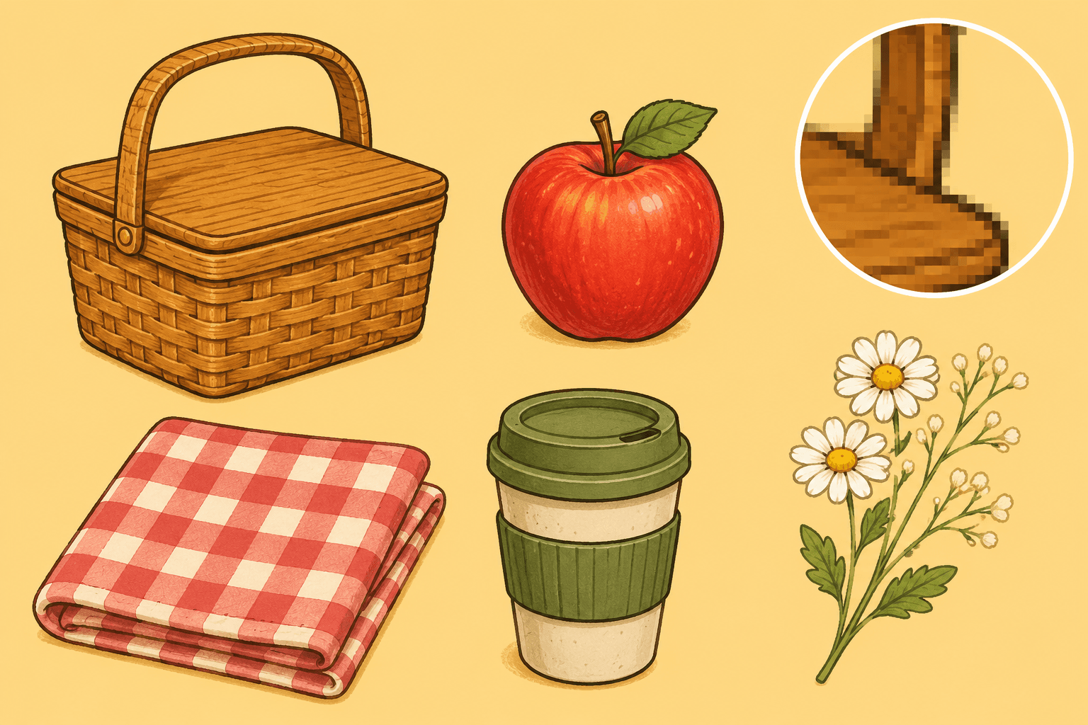 Illustrative original picnic-themed raster clipart set arranged on an opaque warm background.