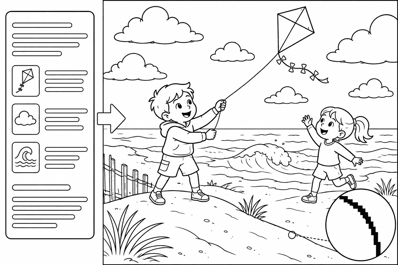 Illustrative prompt-to-output example showing a brief panel beside an original seaside kite coloring-page scene with black raster outlines and open fill areas.