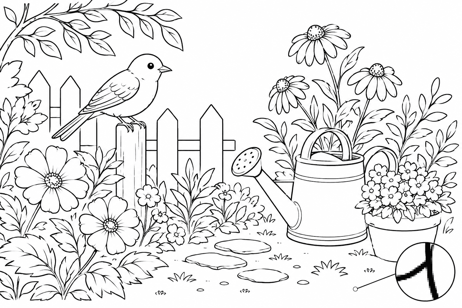 Illustrative original garden-and-bird coloring-page scene with black raster lines and visible pixel detail.