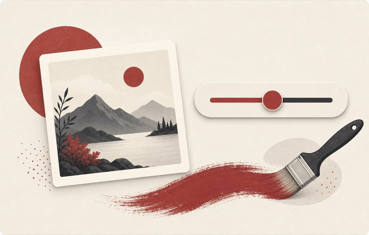 Image Editor illustration showing a picture frame beside a slider and broad brush stroke.