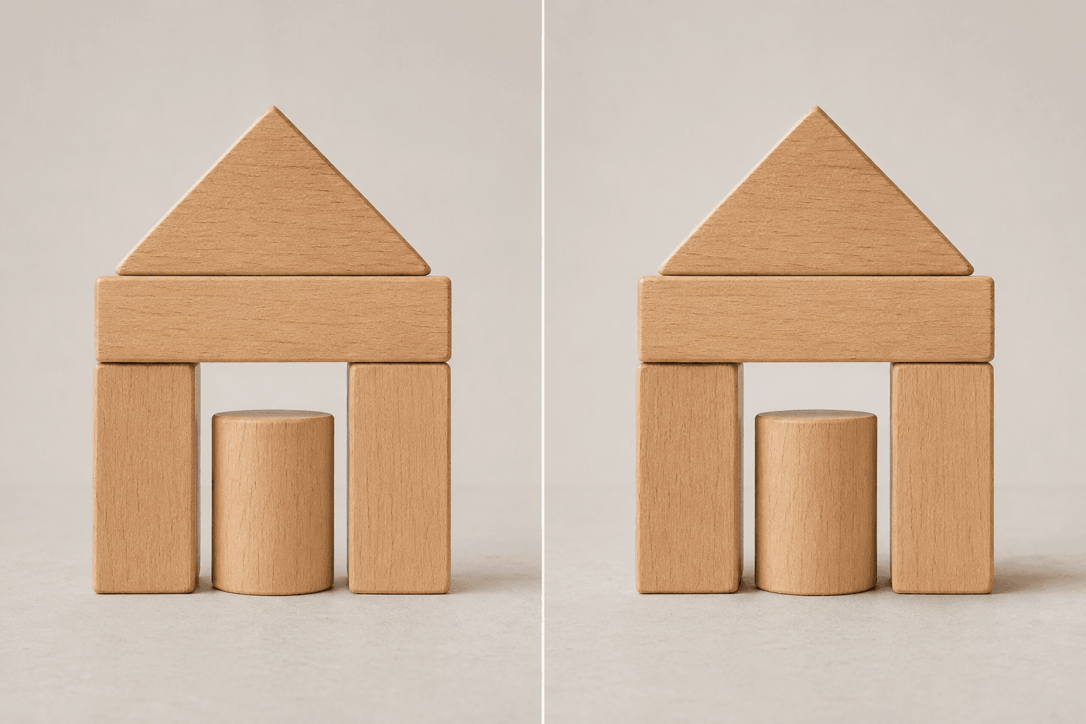 Illustrative before-and-after example of the same unbranded wooden toy with a short soft cast shadow added on the right.