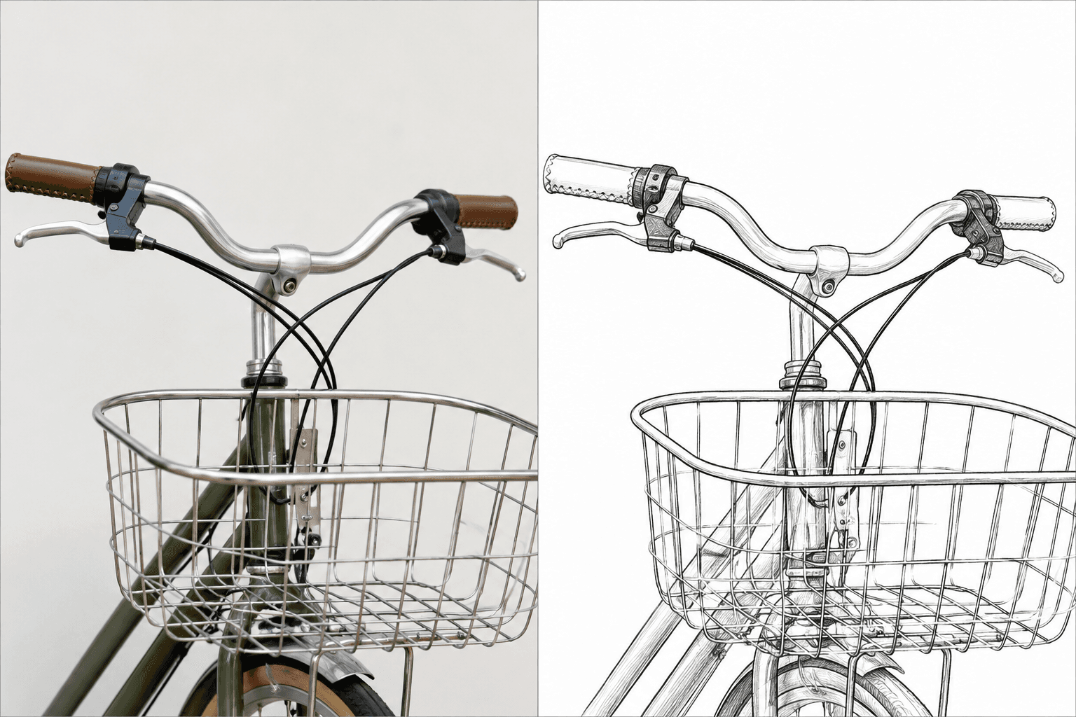 Illustrative before-and-after example of the same bicycle handlebar and basket detail converted into a monochrome raster line drawing with simplified fine intersections.