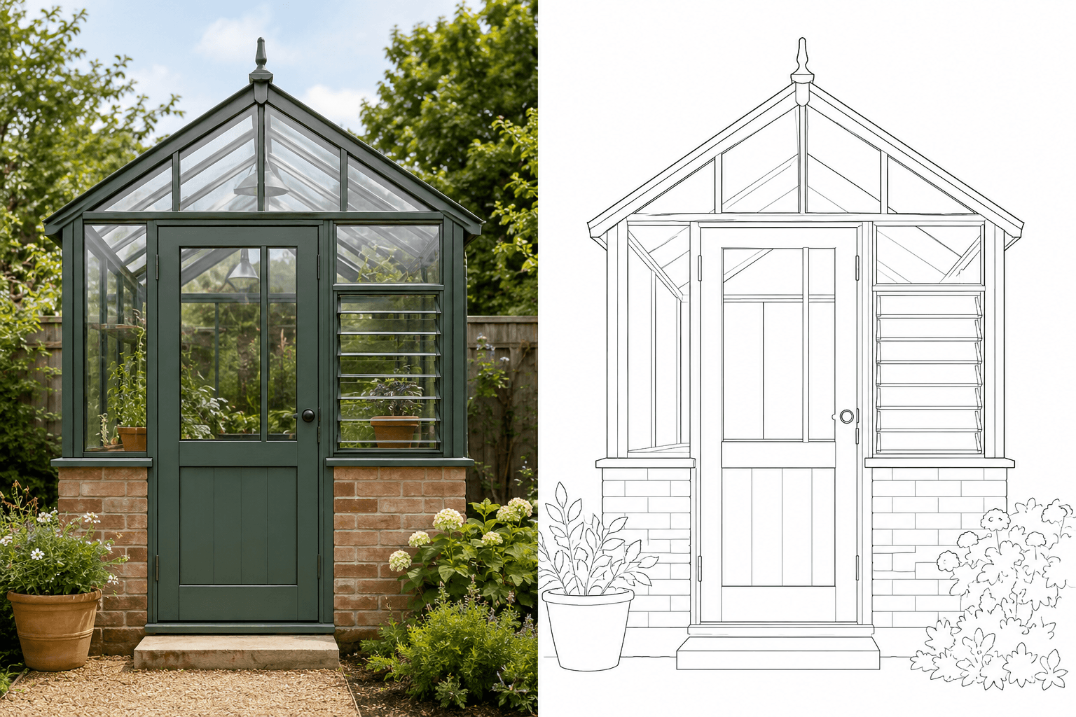 Illustrative greenhouse doorway shown as a photograph and simplified raster line drawing.
