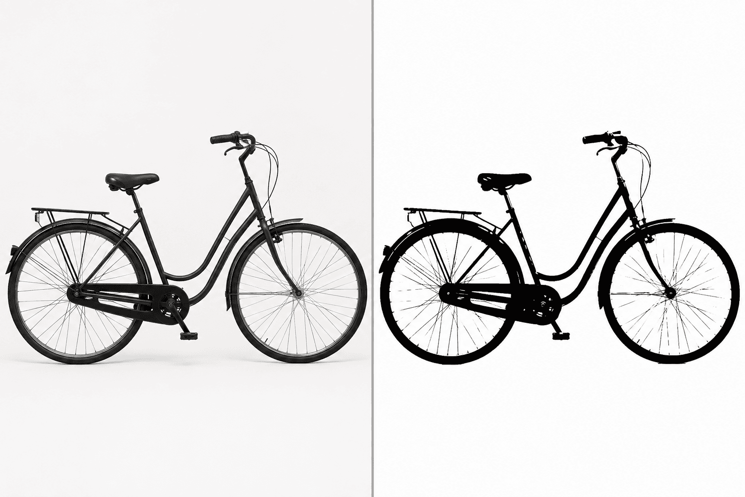 Illustrative before-and-after example of the same original side-view bicycle converted into a high-contrast black-and-white raster stencil with honest disconnected thin regions.