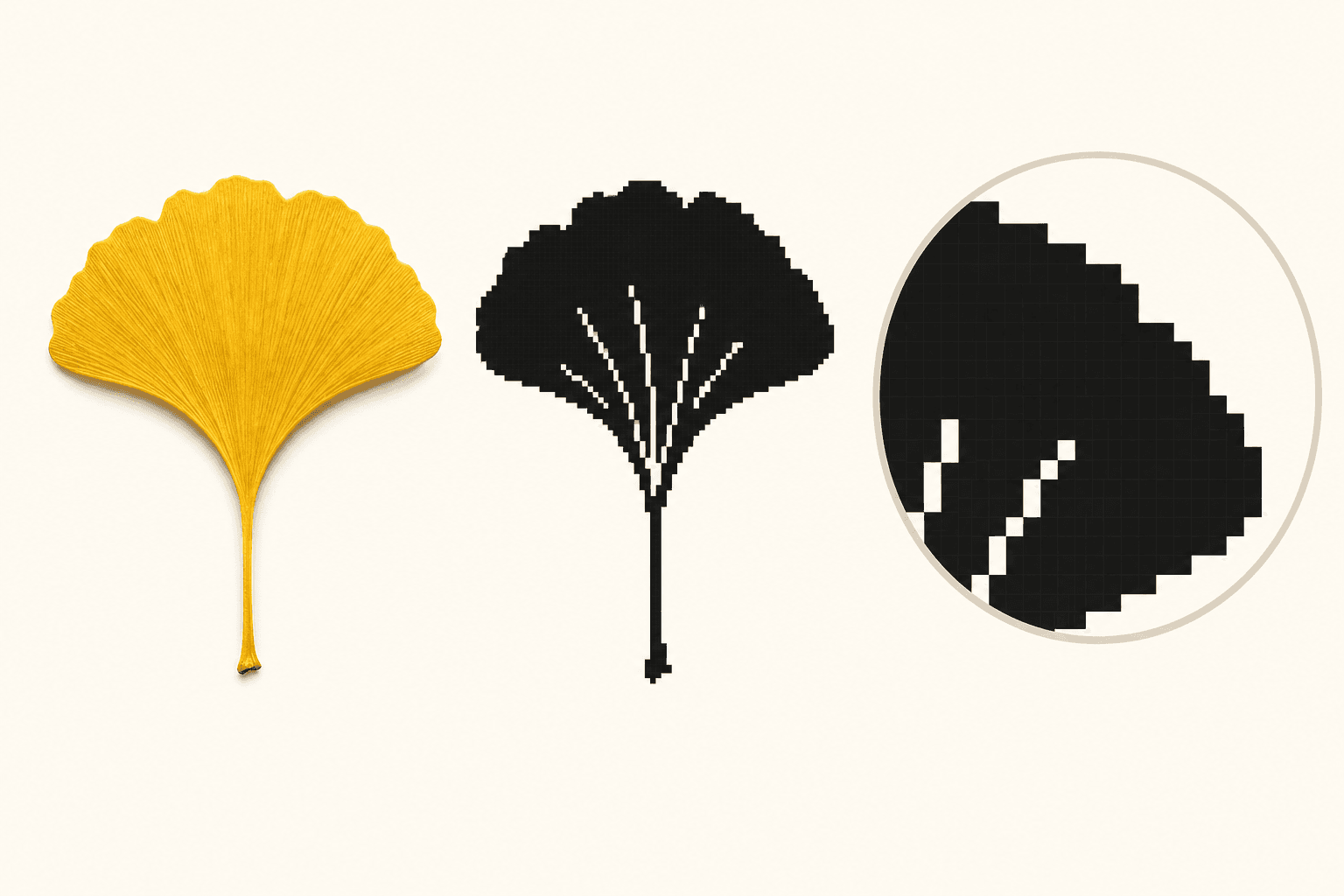 Illustrative leaf photograph, simplified raster stencil preview, and enlarged pixel-edge detail.