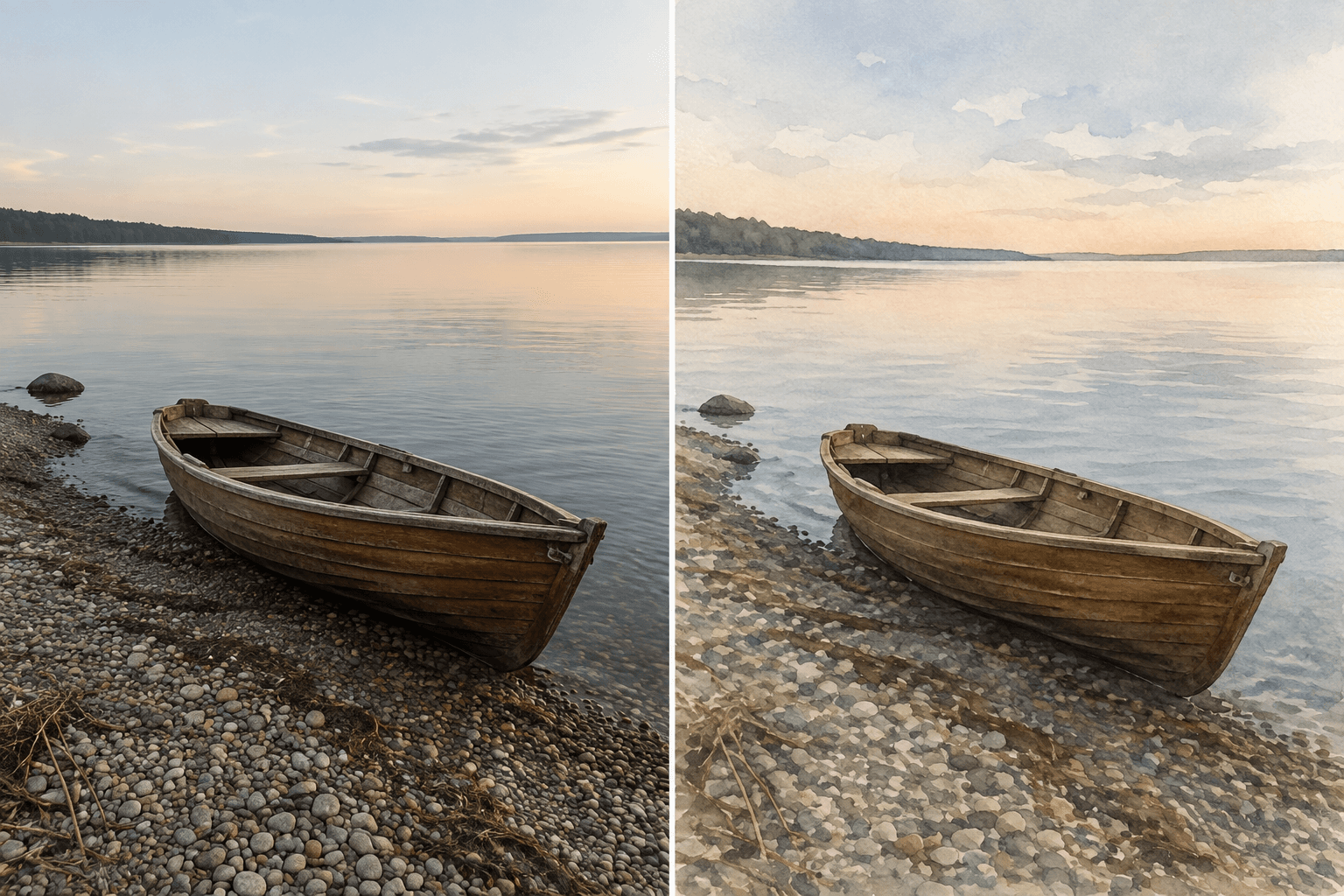 Illustrative before-and-after example of the same empty rowboat and shoreline converted into a generic watercolor-style digital raster interpretation.