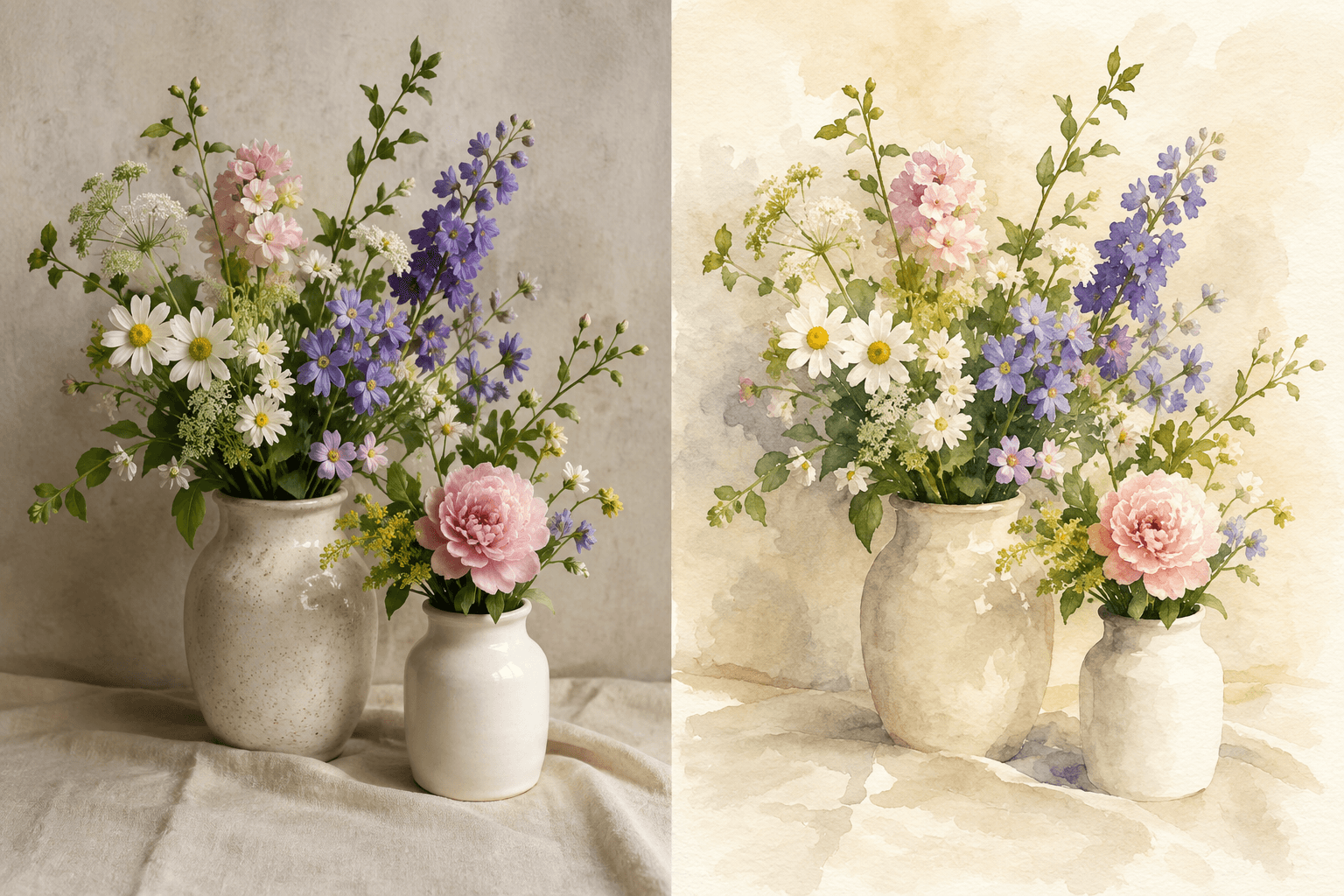 Illustrative flower still life shown as a photograph and generic watercolor-style raster image.