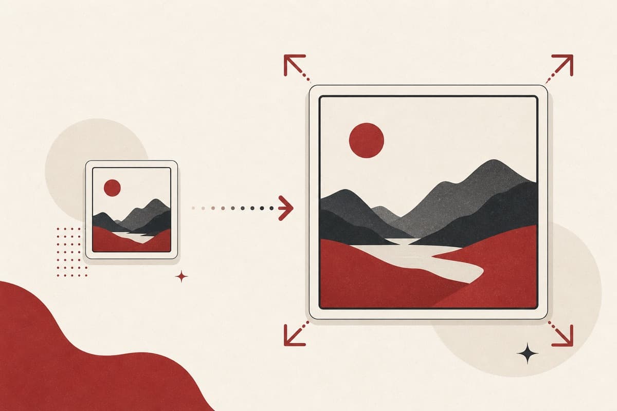 Upscaler illustration showing a small picture frame expanding into a larger crisp frame.