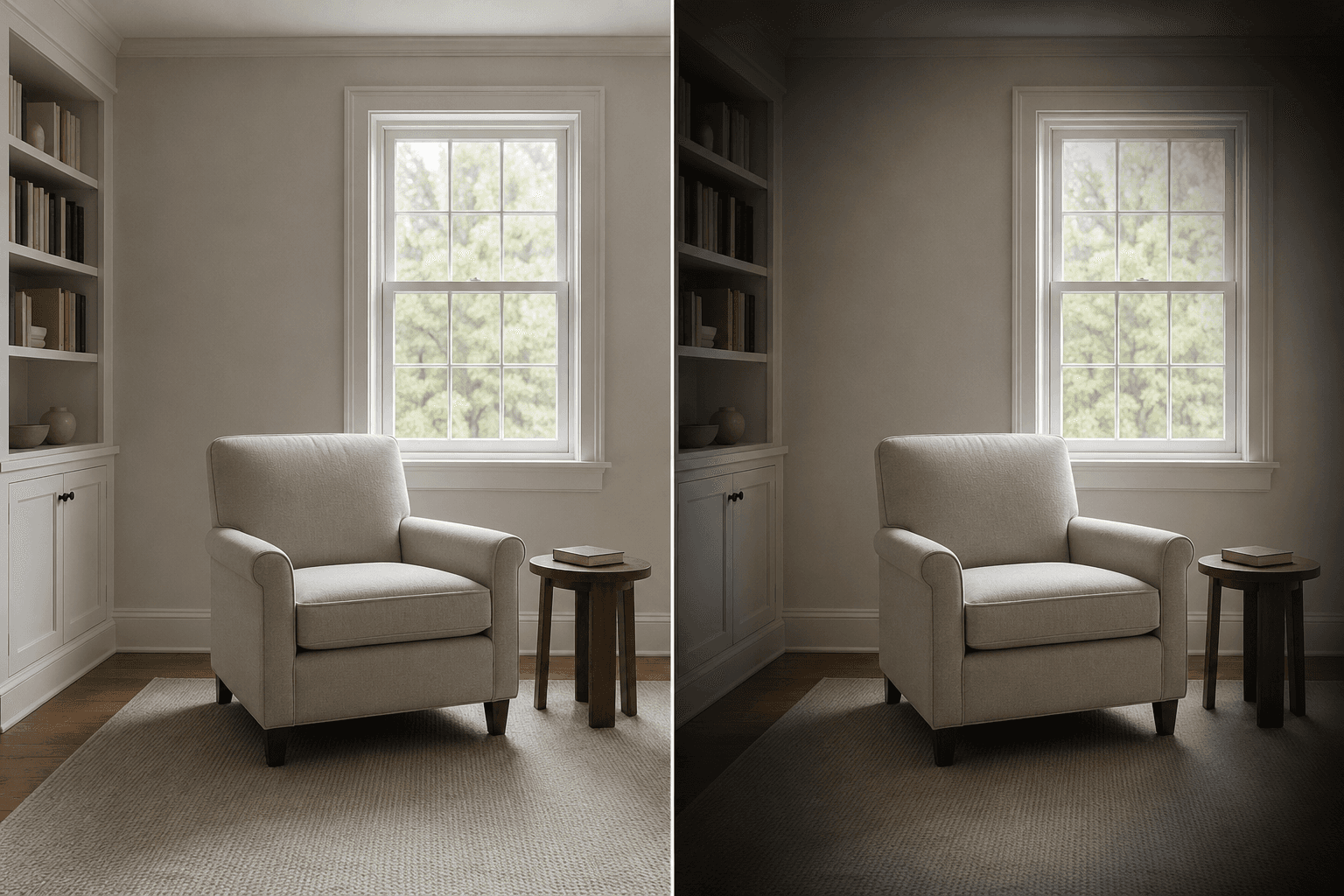Illustrative before-and-after example of the same empty reading room with a moderate dark edge vignette and stable central furniture and window geometry.