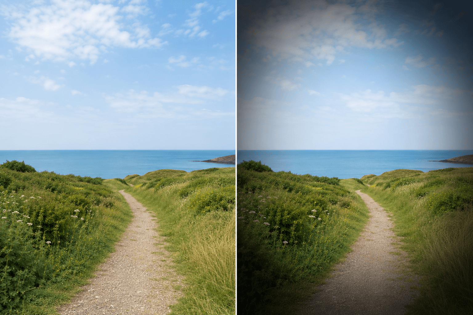 Illustrative before-and-after coastal path photo with a subtle vignette around the edges.