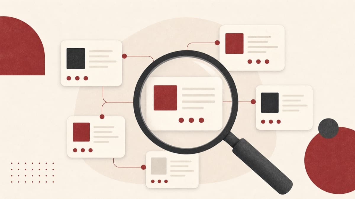 Research Lite illustration showing a magnifying glass over linked source cards and citation dots.