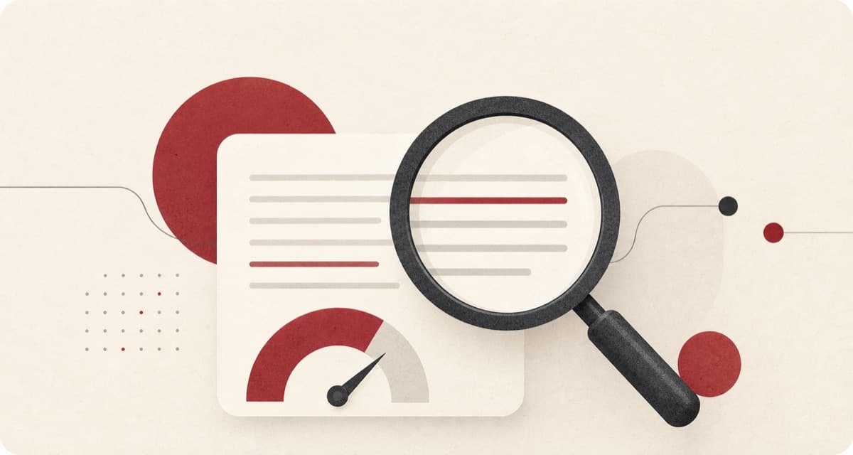 AI Detector illustration showing a magnifying glass inspecting abstract lines above a gauge.