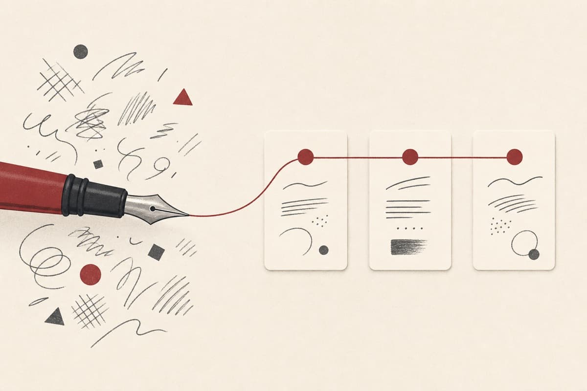 A fountain pen organizes loose marks into three connected essay sections.