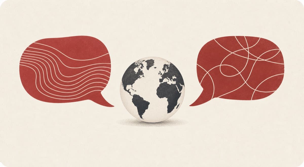 AI Translator illustration showing a globe between two patterned speech bubbles.