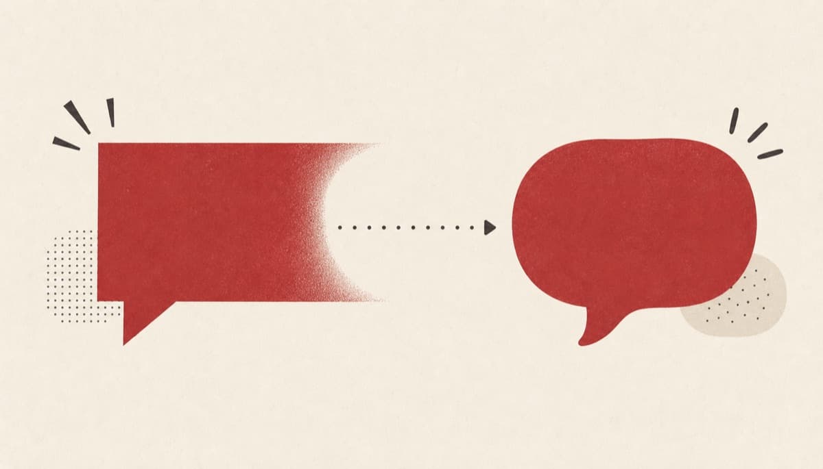 Humanizer illustration showing an angular speech bubble becoming softly rounded.