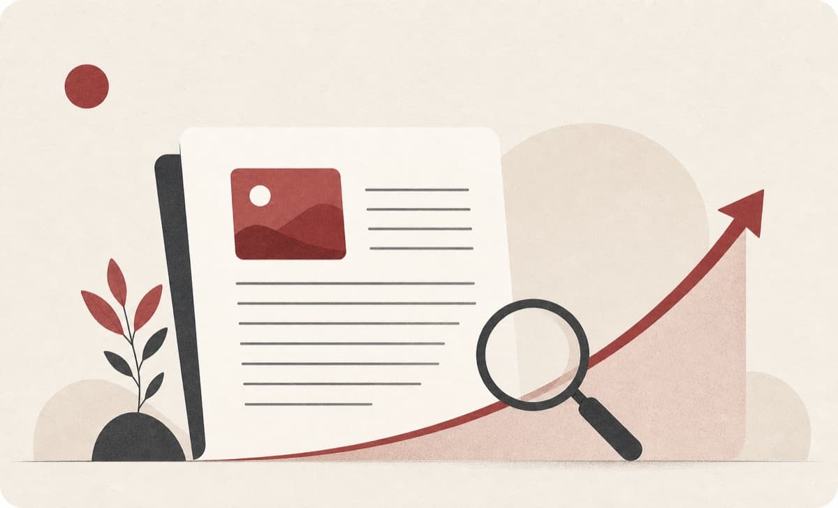 SEO Article Writer illustration showing an article page beside a rising curve and magnifying glass.