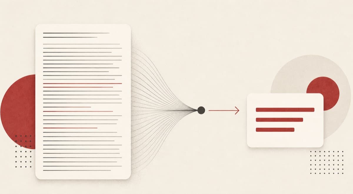 Summarizer illustration showing a tall column of lines compressed into three short lines.