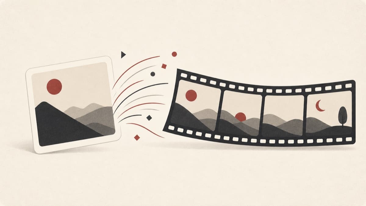 Image to Video Beta illustration showing a still picture gaining motion arcs and becoming a filmstrip.