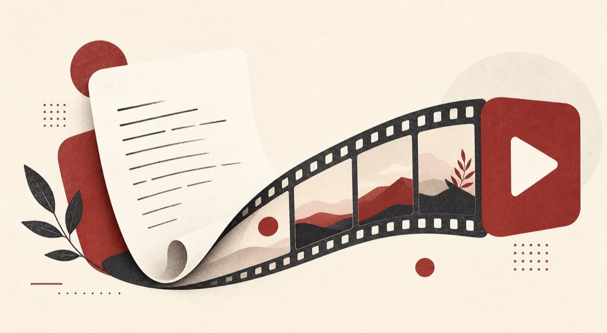 Text to Video Beta illustration showing a script page flowing into a filmstrip and play triangle.